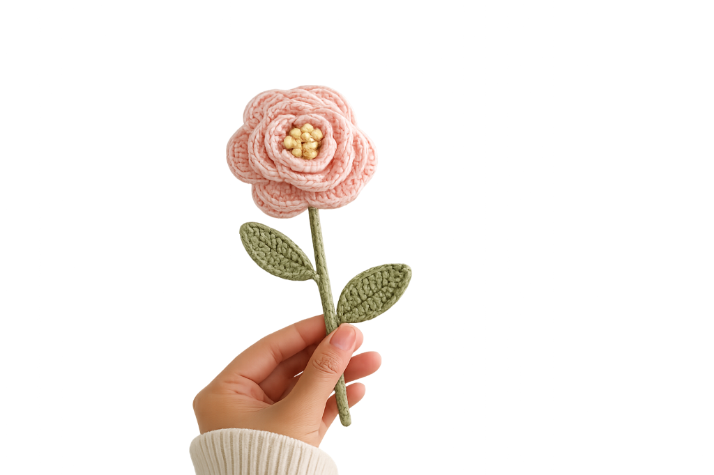 Hand holding a pink crochet rose — Velora Studio